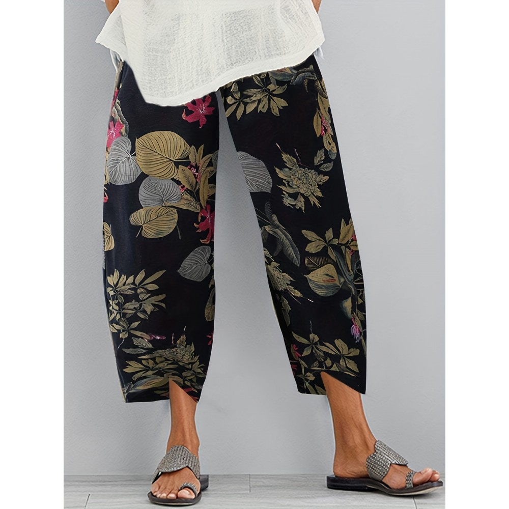 Floral Print Cropped Cotton Pants, Boho Loose Elastic Waist Pocket Pants, Women's Clothing