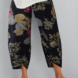 Floral Print Cropped Cotton Pants, Boho Loose Elastic Waist Pocket Pants, Women's Clothing