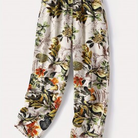 Floral Print Cropped Cotton Pants, Boho Loose Elastic Waist Pocket Pants, Women's Clothing