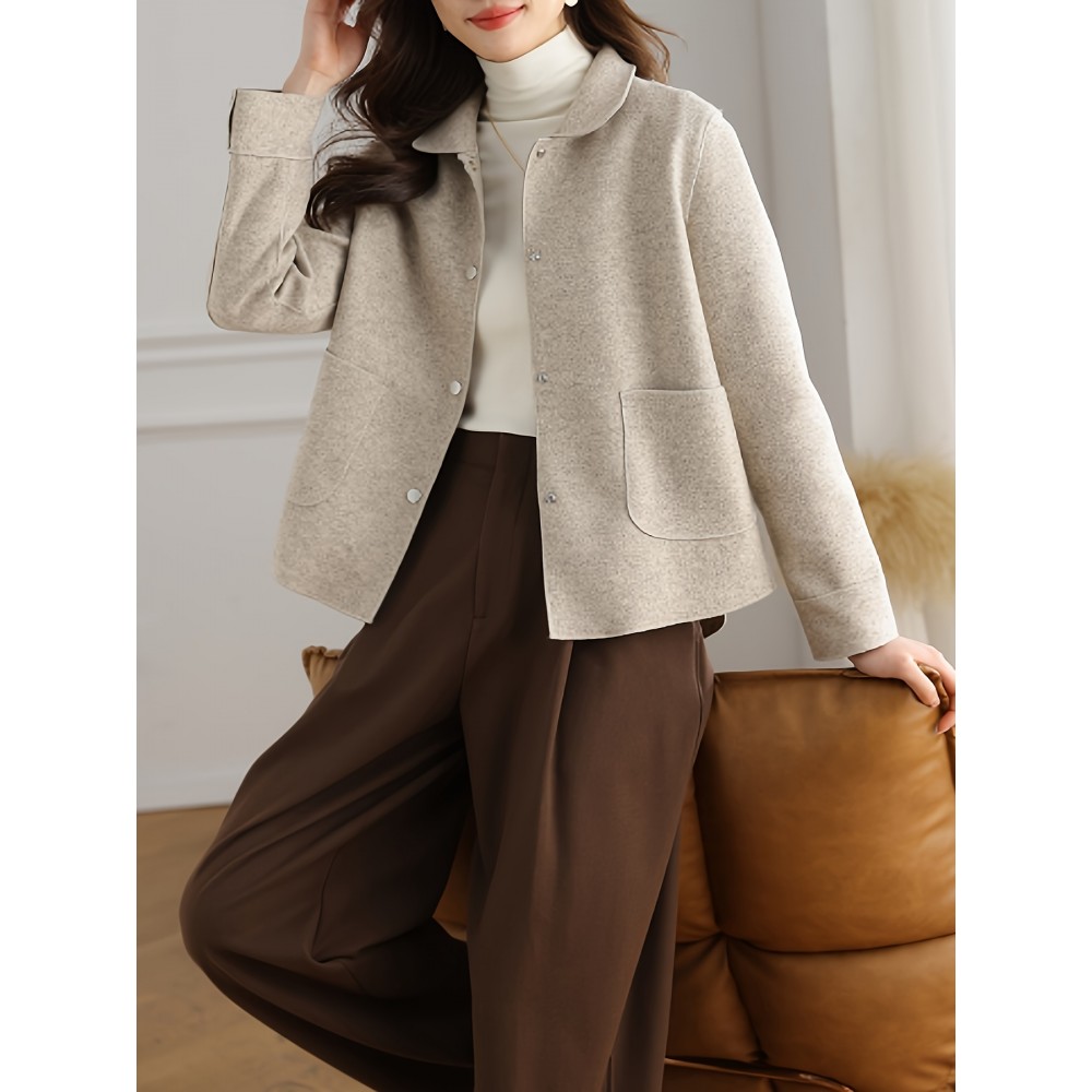 Simple Button Front Jacket, Casual Solid Long Sleeve Outerwear With Pockets, Women's Clothing