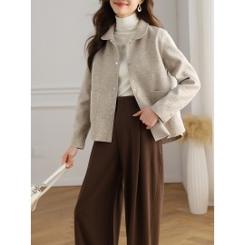 Simple Button Front Jacket, Casual Solid Long Sleeve Outerwear With Pockets, Women's Clothing