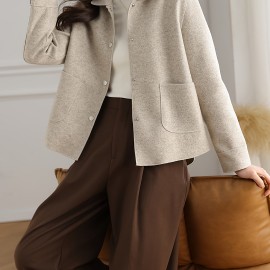 Simple Button Front Jacket, Casual Solid Long Sleeve Outerwear With Pockets, Women's Clothing