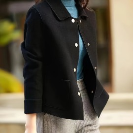 Simple Button Front Jacket, Casual Solid Long Sleeve Outerwear With Pockets, Women's Clothing