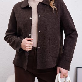 Simple Button Front Jacket, Casual Solid Long Sleeve Outerwear With Pockets, Women's Clothing