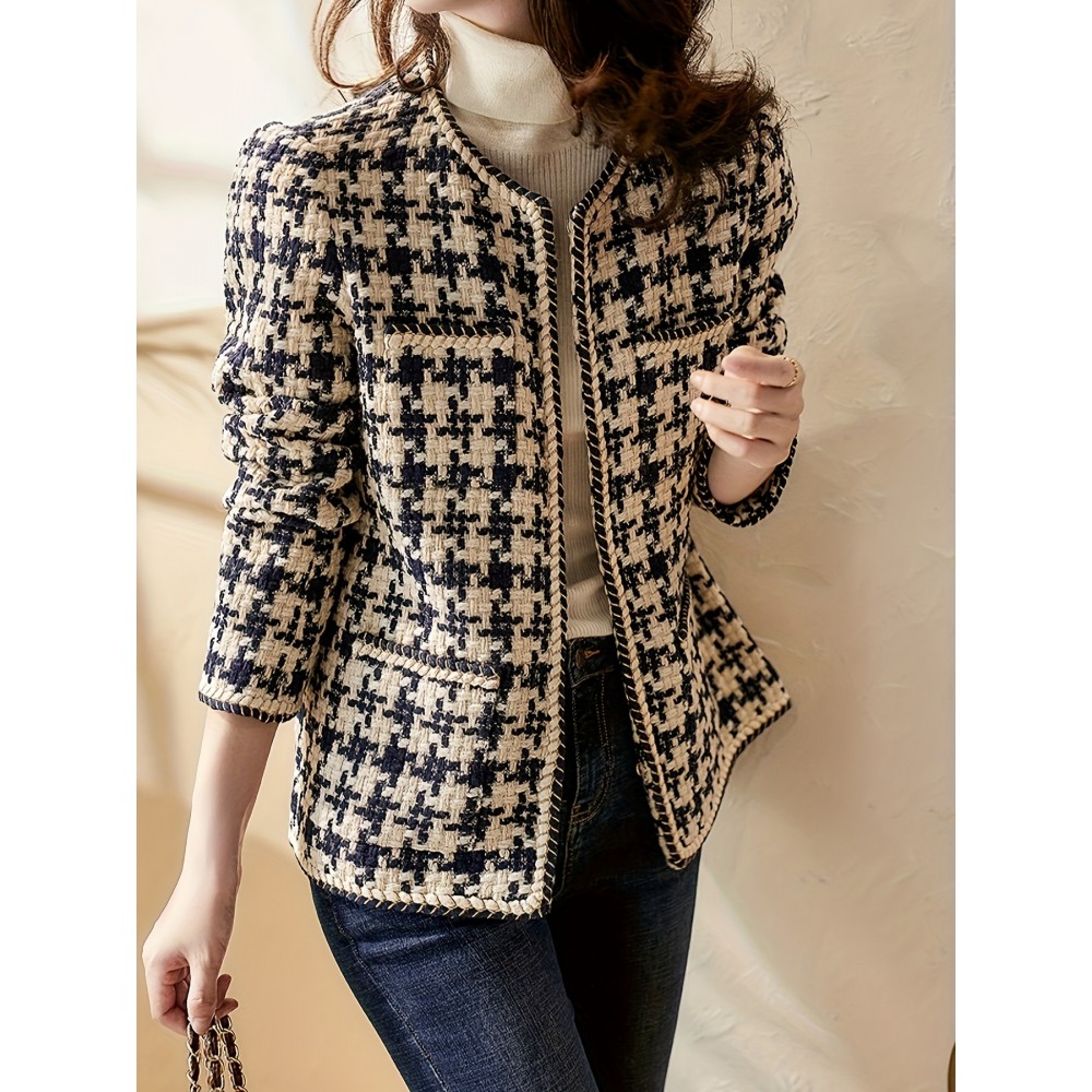 Plaid Open Front Jacket, Loose Crew Neck Pocket Long Sleeve Jacket For Spring, Women's Clothing