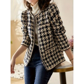 Plaid Open Front Jacket, Loose Crew Neck Pocket Long Sleeve Jacket For Spring, Women's Clothing