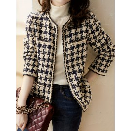 Plaid Open Front Jacket, Loose Crew Neck Pocket Long Sleeve Jacket For Spring, Women's Clothing