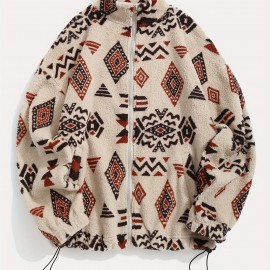 Aztec Pattern Fuzzy Jacket, Casual Zip Up Outwear For Winter & Fall, Women's Clothing