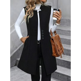 Solid Color Button Front Vest Jacket, Casual Lapel Neck Sleeveless Jacket For Every Day, Women's Clothing