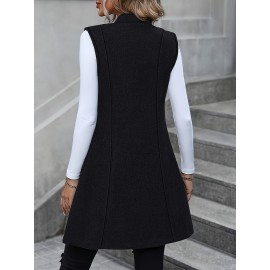 Solid Color Button Front Vest Jacket, Casual Lapel Neck Sleeveless Jacket For Every Day, Women's Clothing