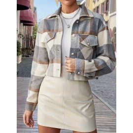 Plaid Pattern Fall & Winter Jacket, Casual Button Front Long Sleeve Outerwear, Women's Clothing