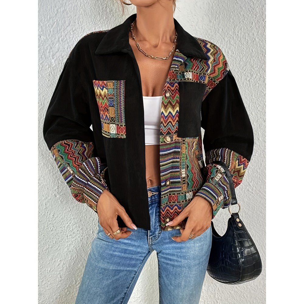 Patchwork Print Patched Pockets Jacket, Ethnic Color Block Button Front Jacket, Women's Clothing