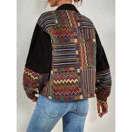 Patchwork Print Patched Pockets Jacket, Ethnic Color Block Button Front Jacket, Women's Clothing