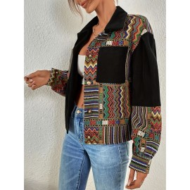 Patchwork Print Patched Pockets Jacket, Ethnic Color Block Button Front Jacket, Women's Clothing