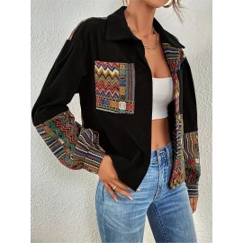 Patchwork Print Patched Pockets Jacket, Ethnic Color Block Button Front Jacket, Women's Clothing