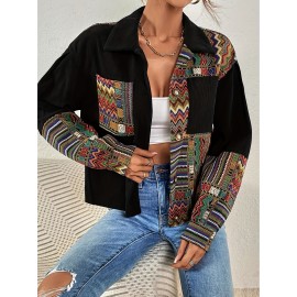 Patchwork Print Patched Pockets Jacket, Ethnic Color Block Button Front Jacket, Women's Clothing