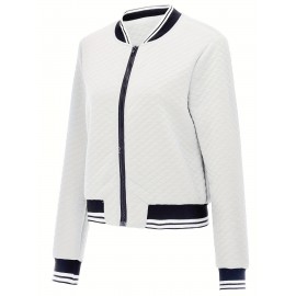 Contrast Trim Zipper Bomber Jacket, Casual Long Sleeve Varsity Jacket For Spring & Fall, Women's Clothing