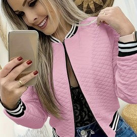 Contrast Trim Zipper Bomber Jacket, Casual Long Sleeve Varsity Jacket For Spring & Fall, Women's Clothing