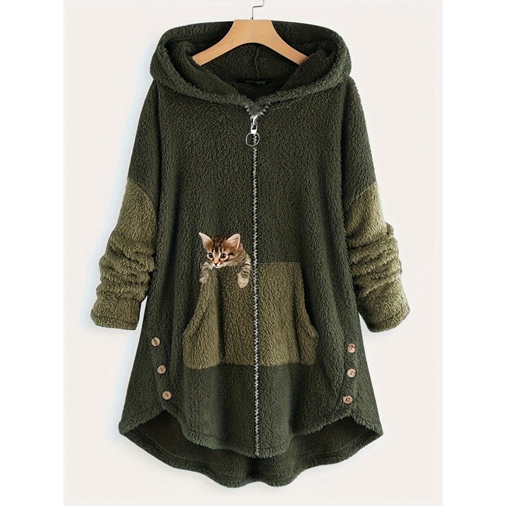 Cat Print Zipper Hooded Coat, Color Block Long Sleeve Coat, Women's Clothing