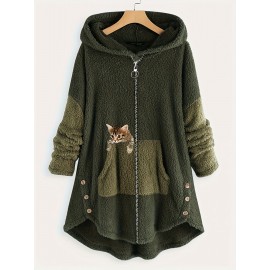 Cat Print Zipper Hooded Coat, Color Block Long Sleeve Coat, Women's Clothing