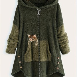 Cat Print Zipper Hooded Coat, Color Block Long Sleeve Coat, Women's Clothing