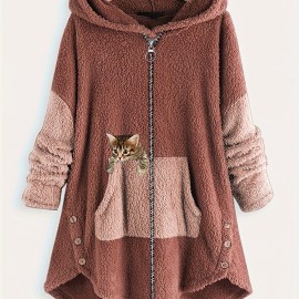 Cat Print Zipper Hooded Coat, Color Block Long Sleeve Coat, Women's Clothing