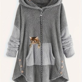 Cat Print Zipper Hooded Coat, Color Block Long Sleeve Coat, Women's Clothing