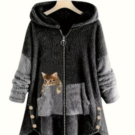 Cat Print Zipper Hooded Coat, Color Block Long Sleeve Coat, Women's Clothing