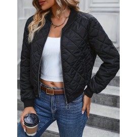 Argyle Bomber Jacket, Casual Zip Up Long Sleeve Solid Outerwear, Women's Clothing