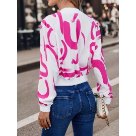 Abstract Print Bomber Jacket, Casual Zip Up Long Sleeve Outerwear, Women's Clothing