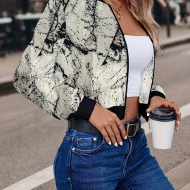 Abstract Print Bomber Jacket, Casual Zip Up Long Sleeve Outerwear, Women's Clothing