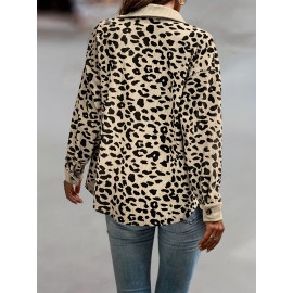 Leopard Print Shacket Jacket, Casual Button Front Turn Down Collar Long Sleeve Outerwear, Women's Clothing