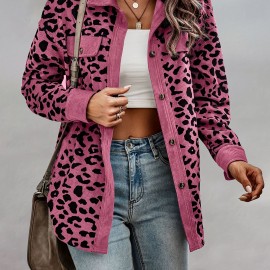 Leopard Print Shacket Jacket, Casual Button Front Turn Down Collar Long Sleeve Outerwear, Women's Clothing