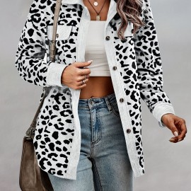 Leopard Print Shacket Jacket, Casual Button Front Turn Down Collar Long Sleeve Outerwear, Women's Clothing