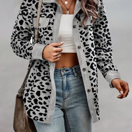 Leopard Print Shacket Jacket, Casual Button Front Turn Down Collar Long Sleeve Outerwear, Women's Clothing