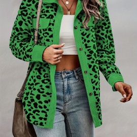 Leopard Print Shacket Jacket, Casual Button Front Turn Down Collar Long Sleeve Outerwear, Women's Clothing