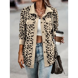 Leopard Print Shacket Jacket, Casual Button Front Turn Down Collar Long Sleeve Outerwear, Women's Clothing