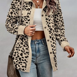 Leopard Print Shacket Jacket, Casual Button Front Turn Down Collar Long Sleeve Outerwear, Women's Clothing