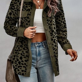 Leopard Print Shacket Jacket, Casual Button Front Turn Down Collar Long Sleeve Outerwear, Women's Clothing