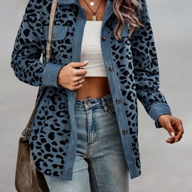 Leopard Print Shacket Jacket, Casual Button Front Turn Down Collar Long Sleeve Outerwear, Women's Clothing