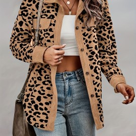 Leopard Print Shacket Jacket, Casual Button Front Turn Down Collar Long Sleeve Outerwear, Women's Clothing