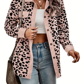 Leopard Print Shacket Jacket, Casual Button Front Turn Down Collar Long Sleeve Outerwear, Women's Clothing