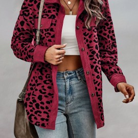 Leopard Print Shacket Jacket, Casual Button Front Turn Down Collar Long Sleeve Outerwear, Women's Clothing