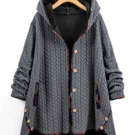 Striped Hooded Long Sleeve Mid Length Jacket, Casual Button Front Loose Comfy Stylish Outerwear, Women's Clothing