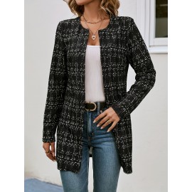 Plaid Pattern Open Front Jacket, Versatile Long Sleeve Outwear For Spring & Fall, Women's Clothing