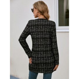 Plaid Pattern Open Front Jacket, Versatile Long Sleeve Outwear For Spring & Fall, Women's Clothing