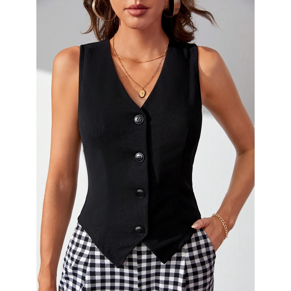 Button Front Sleeveless Vest, Elegant Solid V Neck Slim Vest, Women's Clothing