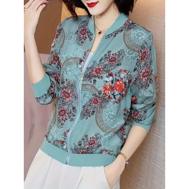 Floral Print Baseball Neck Lightweight Jacket, Casual Long Sleeve Zip Up Outerwear For Spring & Summer, Women's Clothing