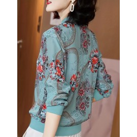 Floral Print Baseball Neck Lightweight Jacket, Casual Long Sleeve Zip Up Outerwear For Spring & Summer, Women's Clothing