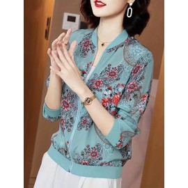 Floral Print Baseball Neck Lightweight Jacket, Casual Long Sleeve Zip Up Outerwear For Spring & Summer, Women's Clothing